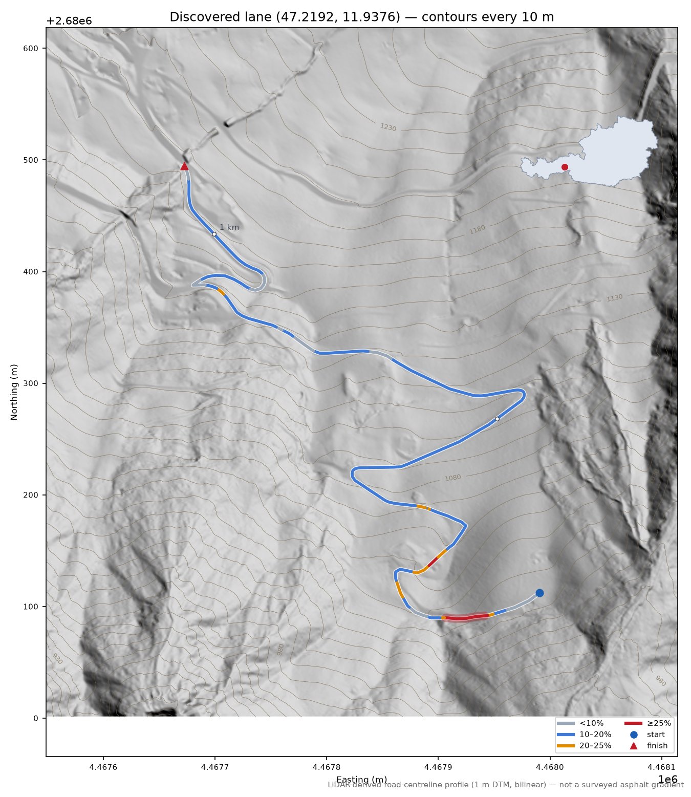 Discovered lane (47.2192, 11.9376) LiDAR hillshade map with contours
