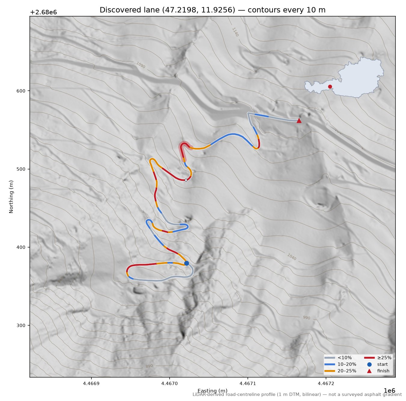Discovered lane (47.2198, 11.9256) LiDAR hillshade map with contours