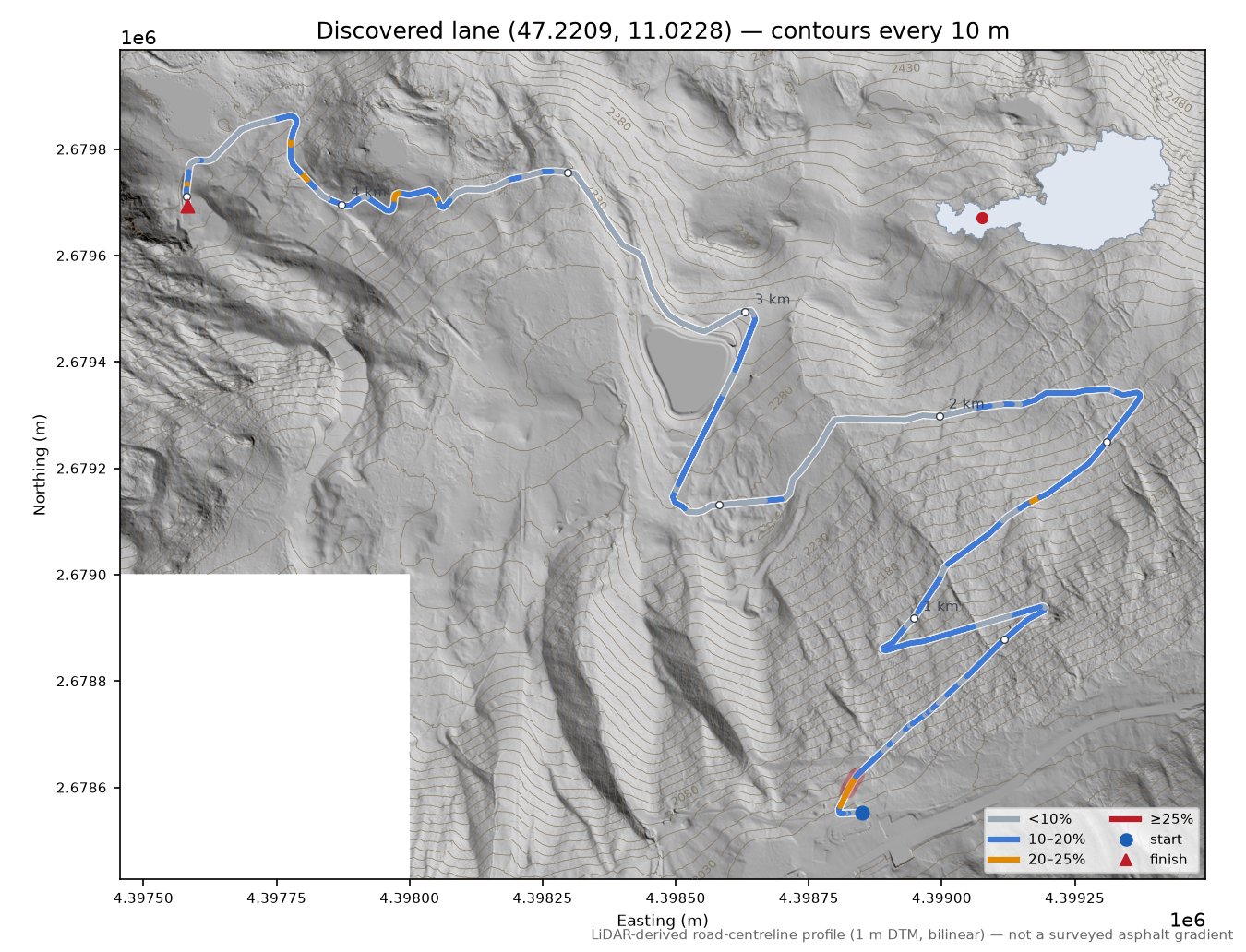 Discovered lane (47.2209, 11.0228) LiDAR hillshade map with contours