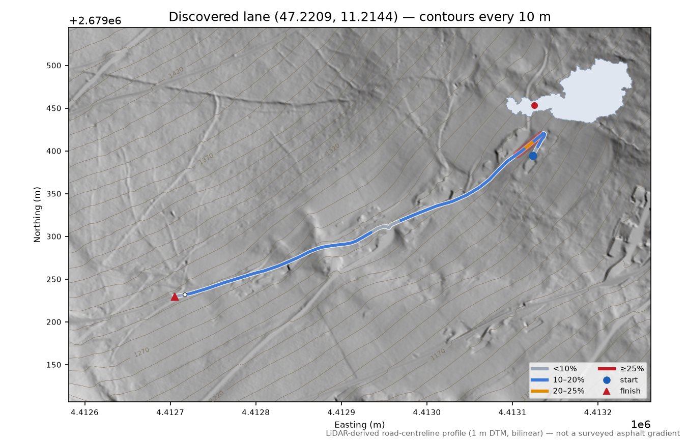 Discovered lane (47.2209, 11.2144) LiDAR hillshade map with contours
