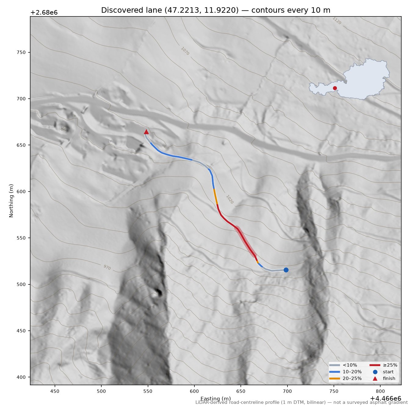 Discovered lane (47.2213, 11.9220) LiDAR hillshade map with contours