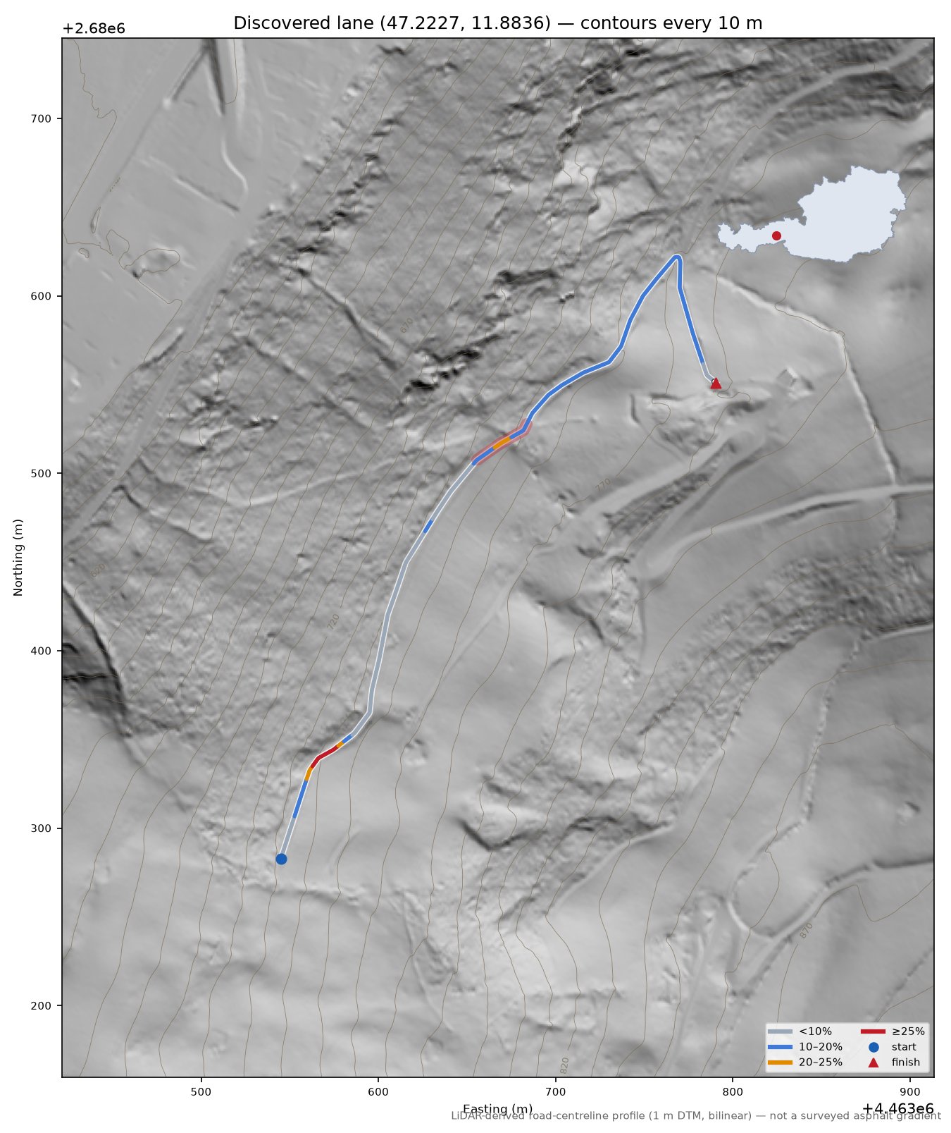 Discovered lane (47.2227, 11.8836) LiDAR hillshade map with contours