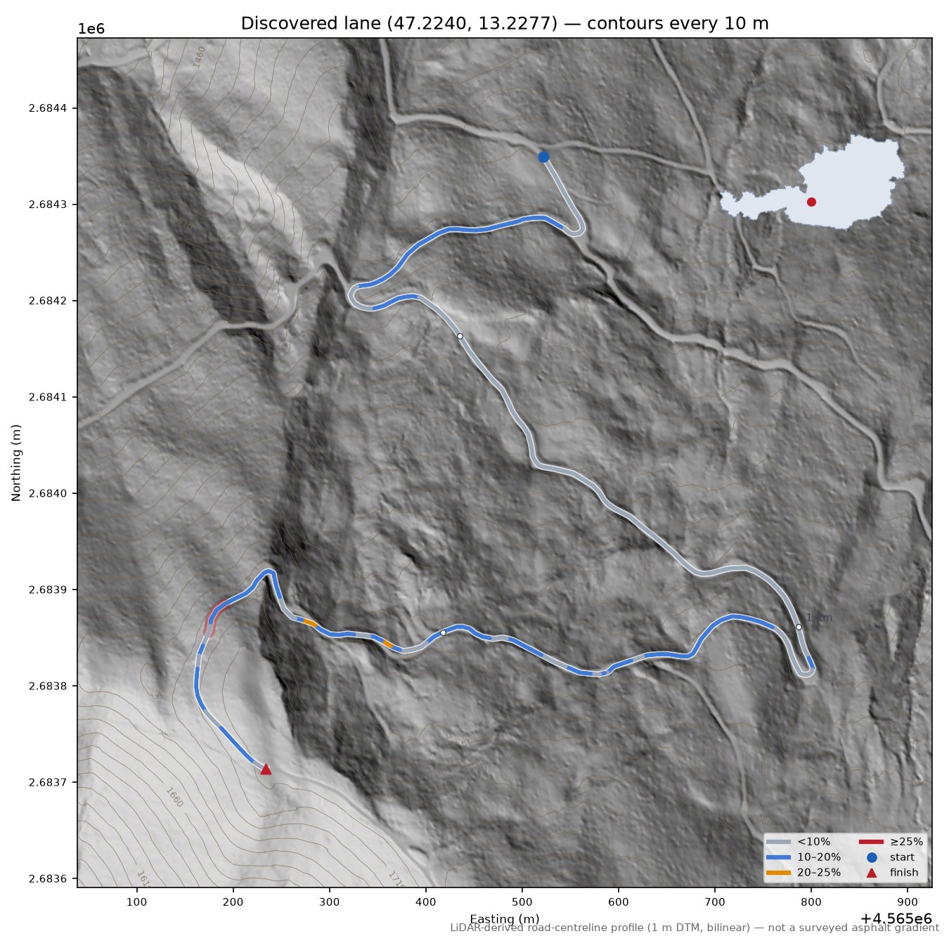 Discovered lane (47.2240, 13.2277) LiDAR hillshade map with contours