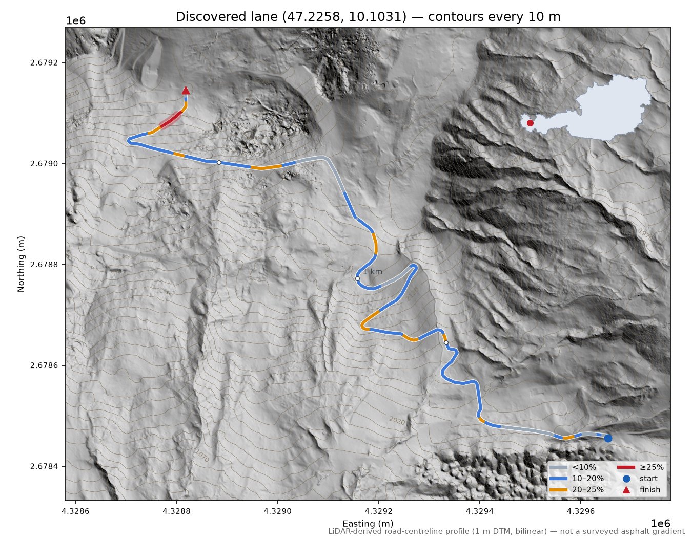 Discovered lane (47.2258, 10.1031) LiDAR hillshade map with contours