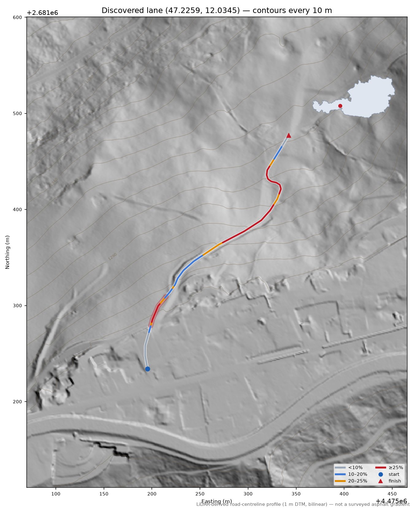 Discovered lane (47.2259, 12.0345) LiDAR hillshade map with contours