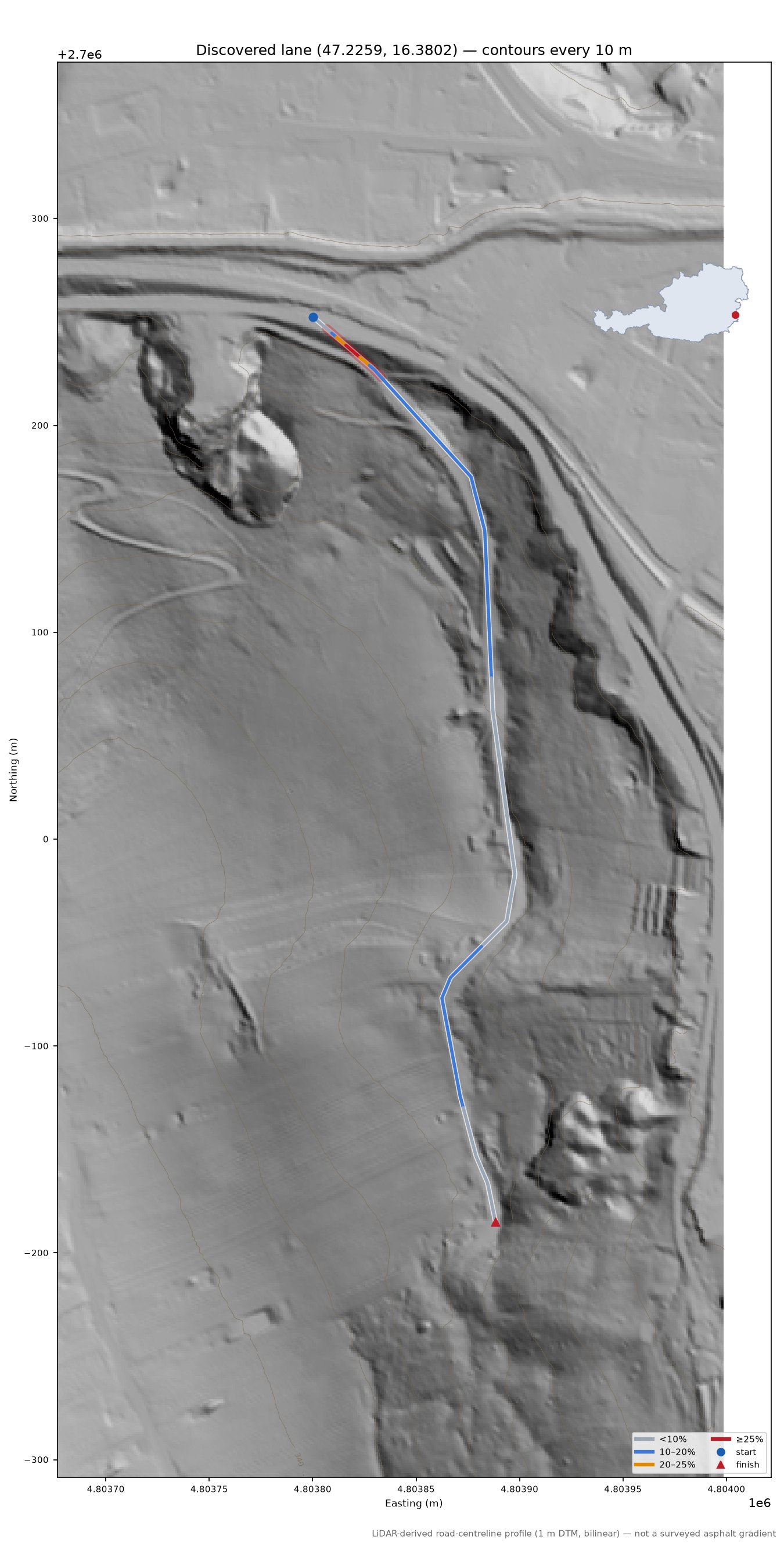 Discovered lane (47.2259, 16.3802) LiDAR hillshade map with contours