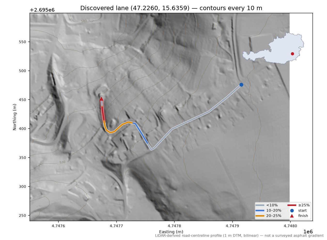 Discovered lane (47.2260, 15.6359) LiDAR hillshade map with contours