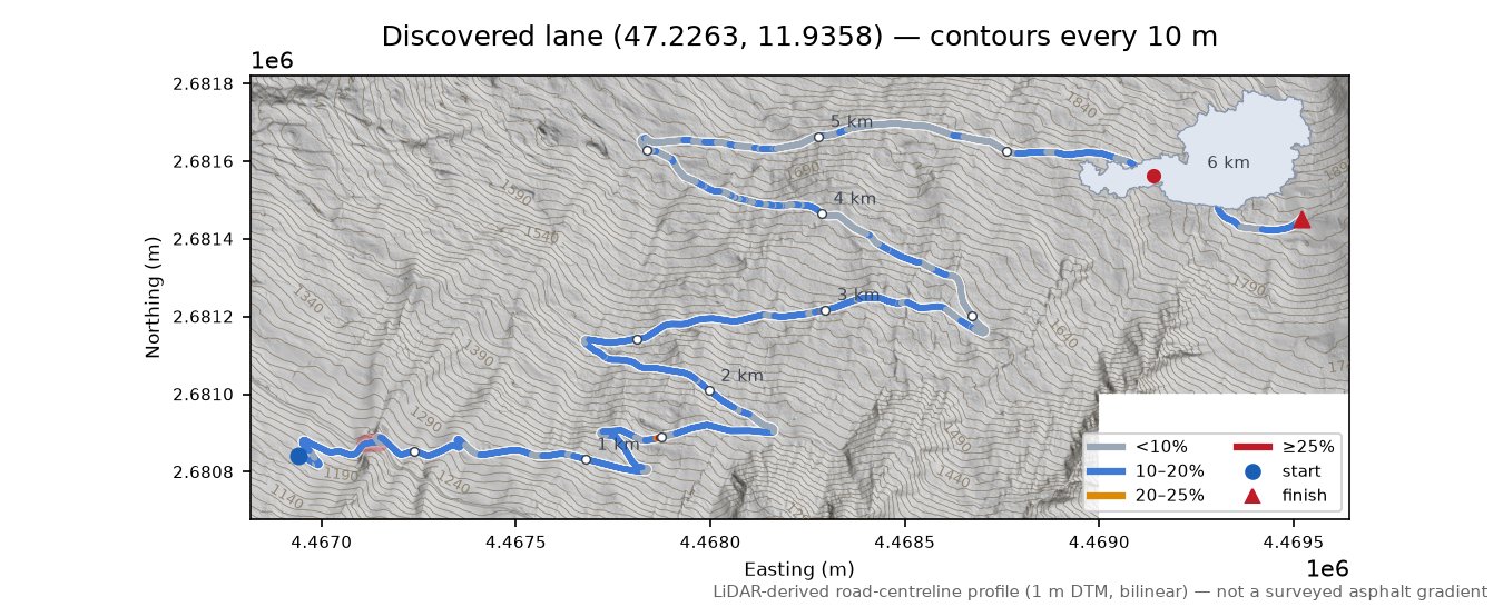 Discovered lane (47.2263, 11.9358) LiDAR hillshade map with contours