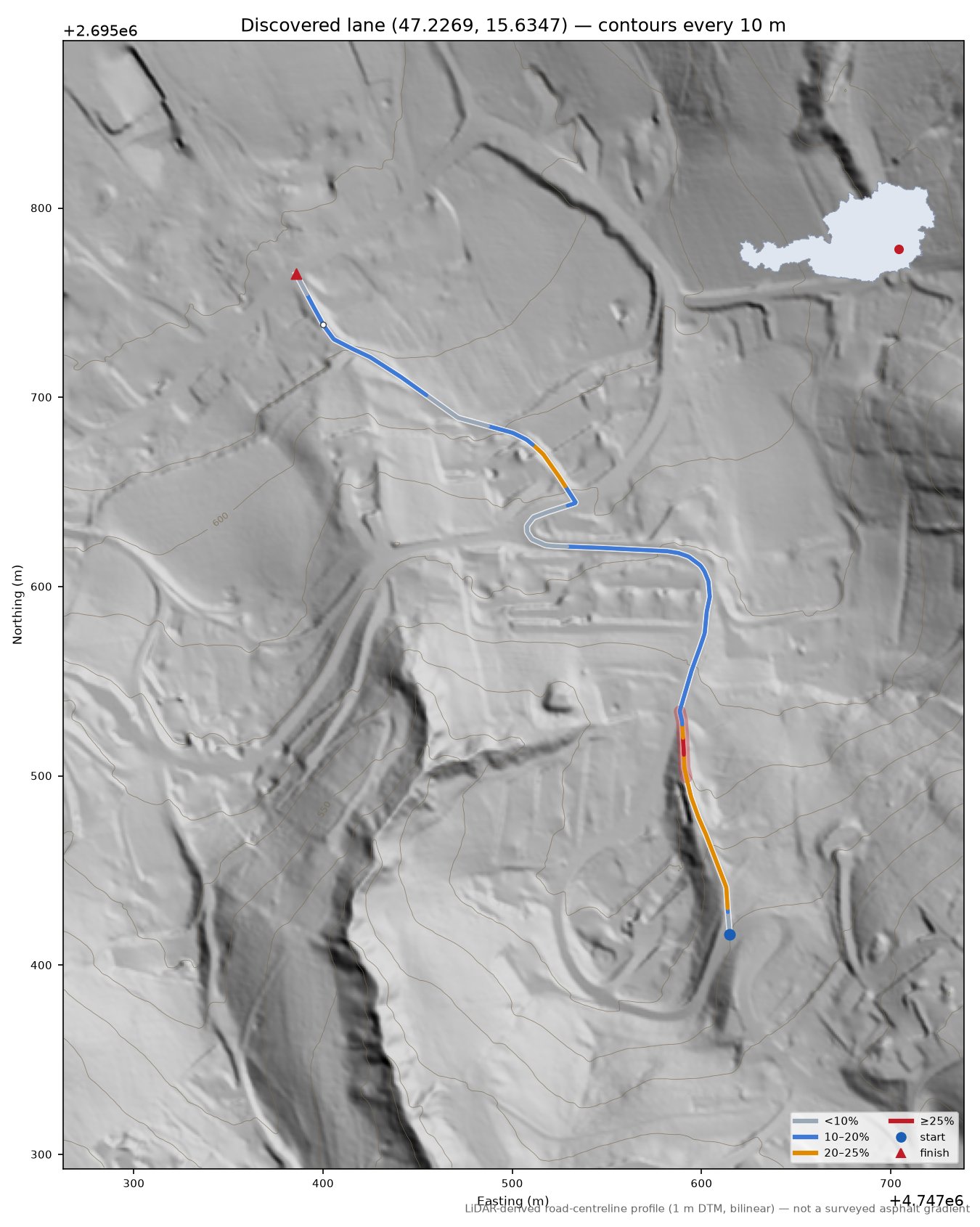 Discovered lane (47.2269, 15.6347) LiDAR hillshade map with contours