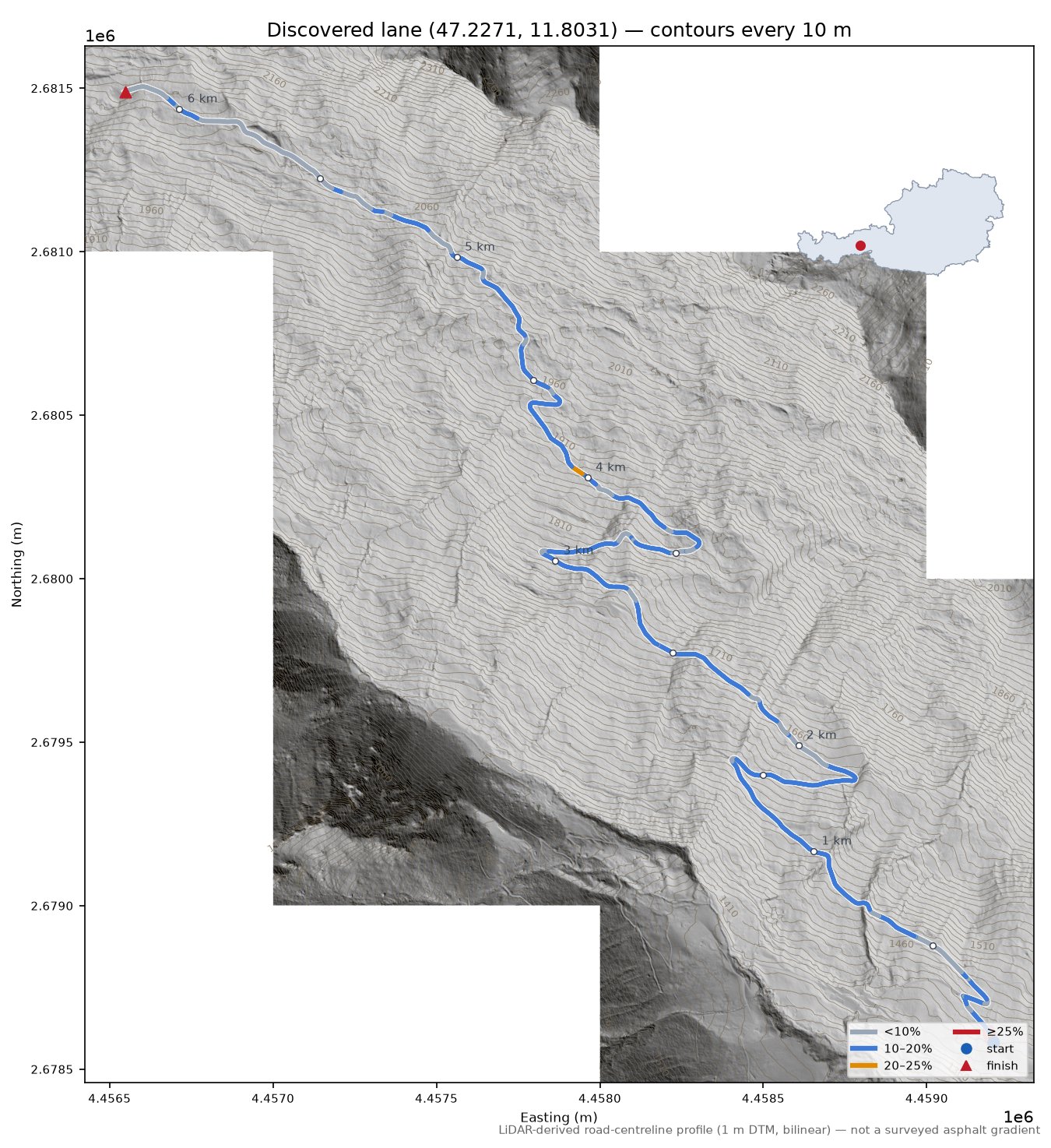 Discovered lane (47.2271, 11.8031) LiDAR hillshade map with contours
