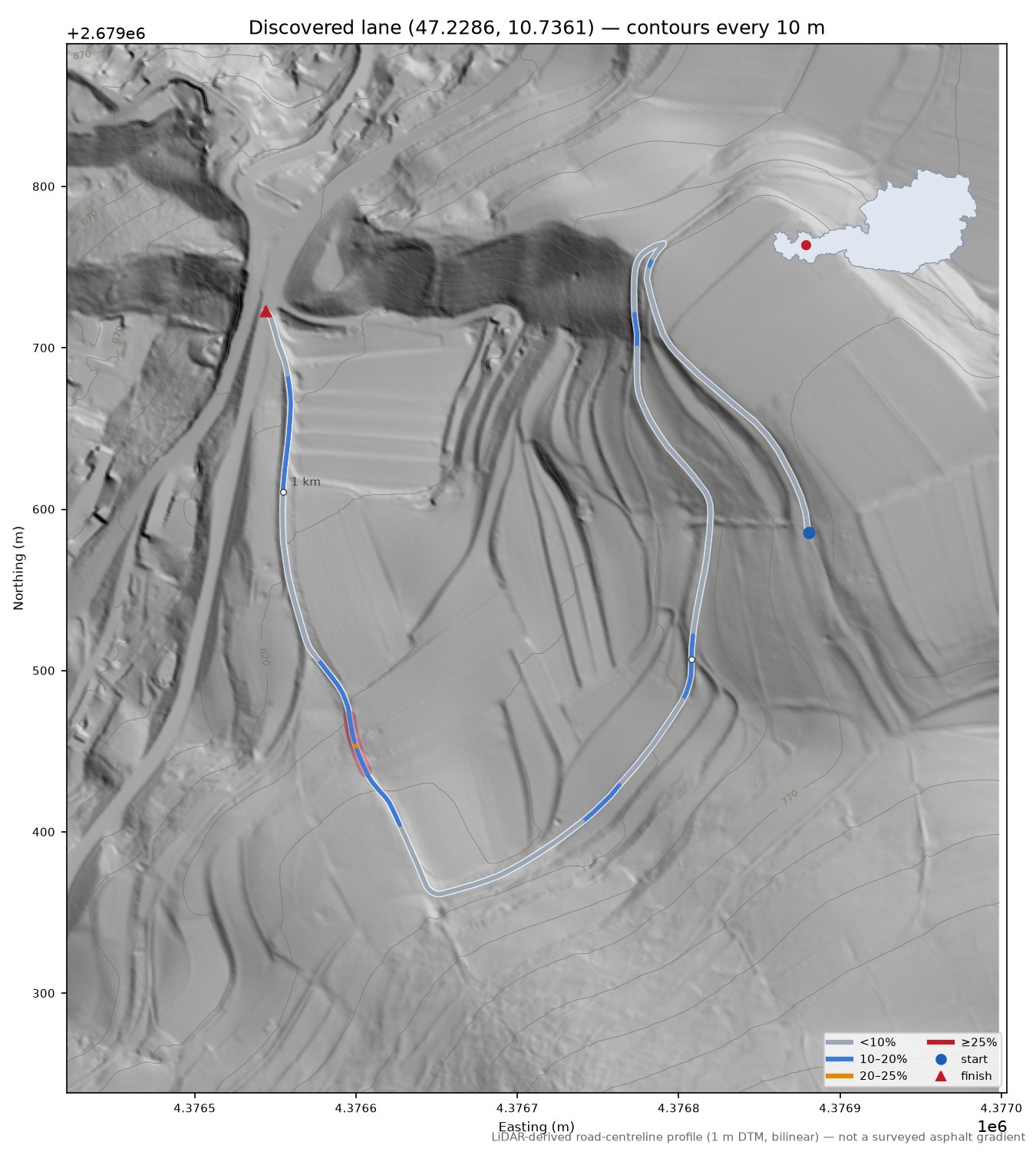 Discovered lane (47.2286, 10.7361) LiDAR hillshade map with contours