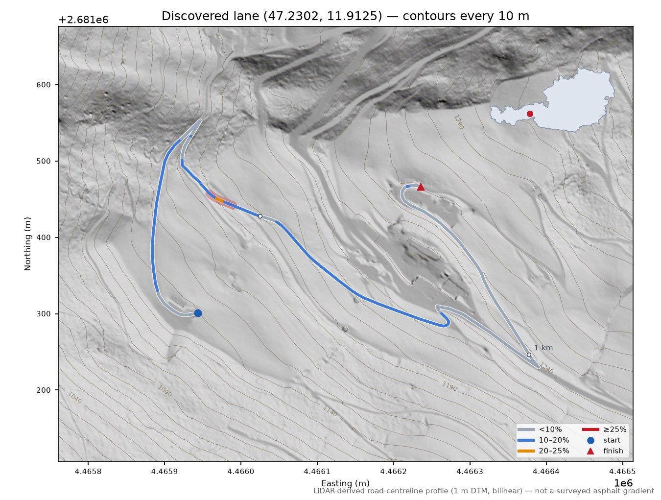 Discovered lane (47.2302, 11.9125) LiDAR hillshade map with contours
