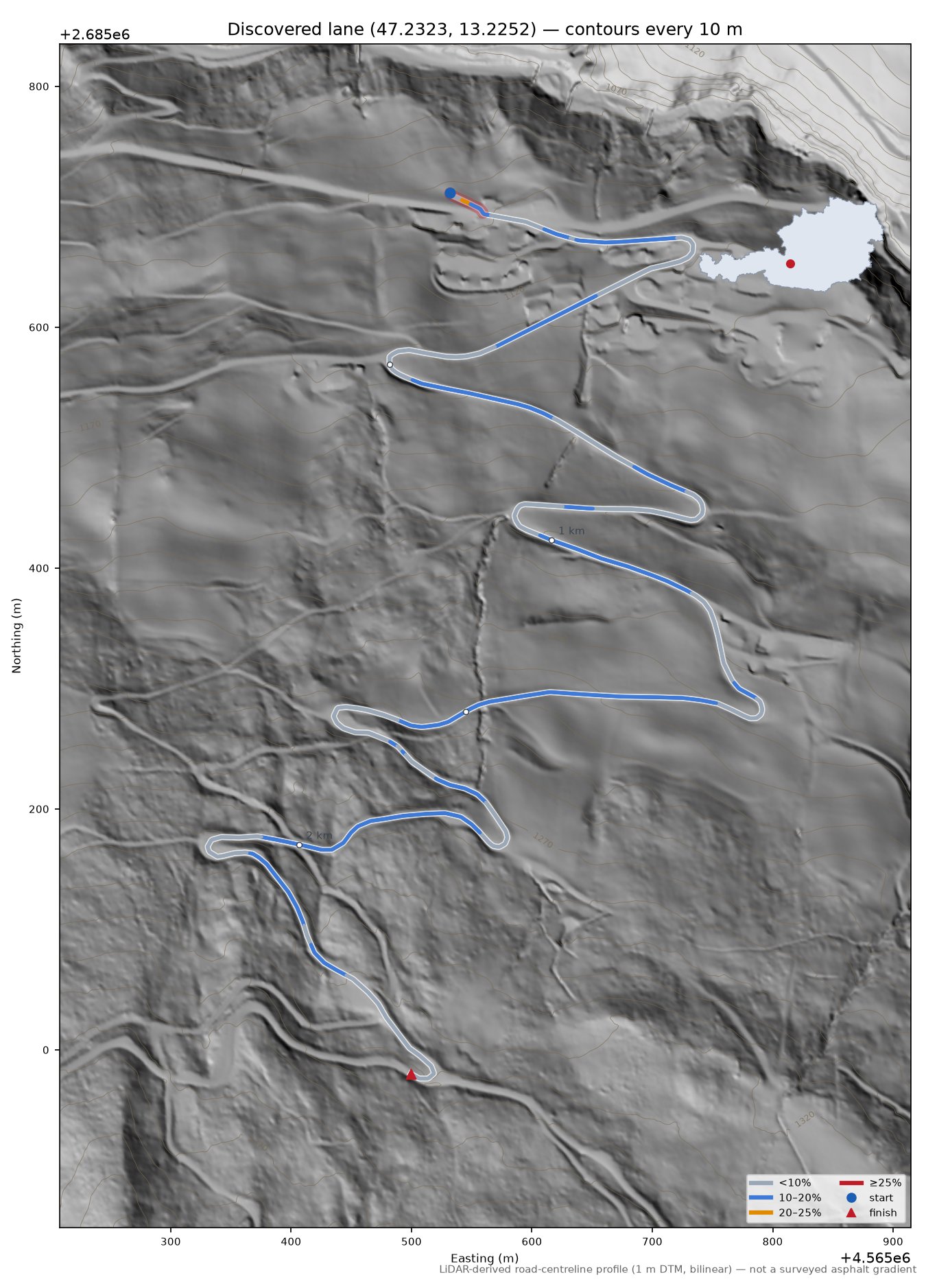 Discovered lane (47.2323, 13.2252) LiDAR hillshade map with contours