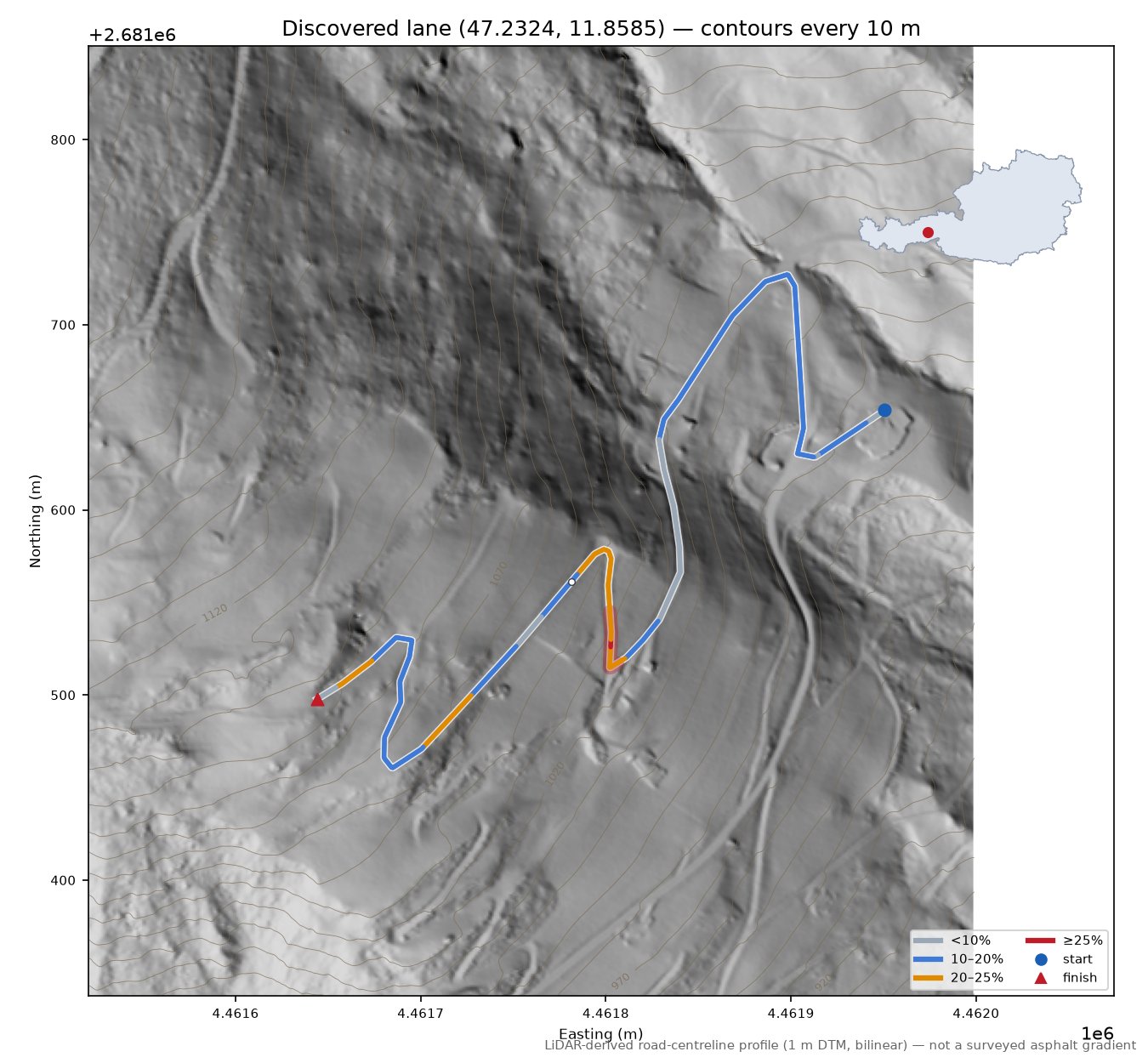Discovered lane (47.2324, 11.8585) LiDAR hillshade map with contours
