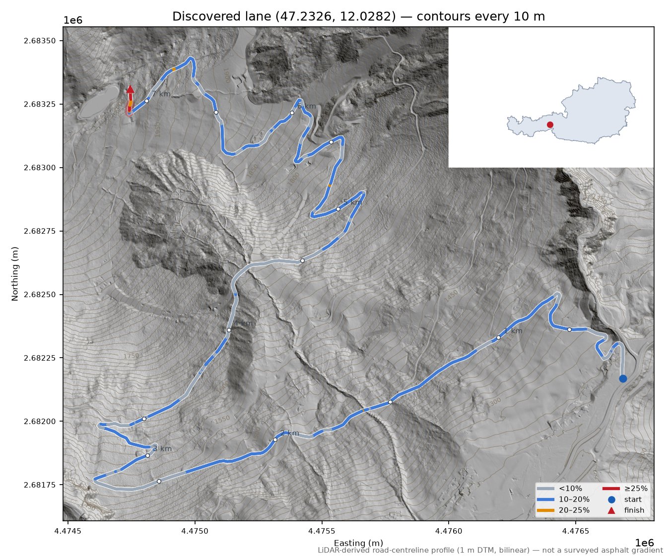 Discovered lane (47.2326, 12.0282) LiDAR hillshade map with contours
