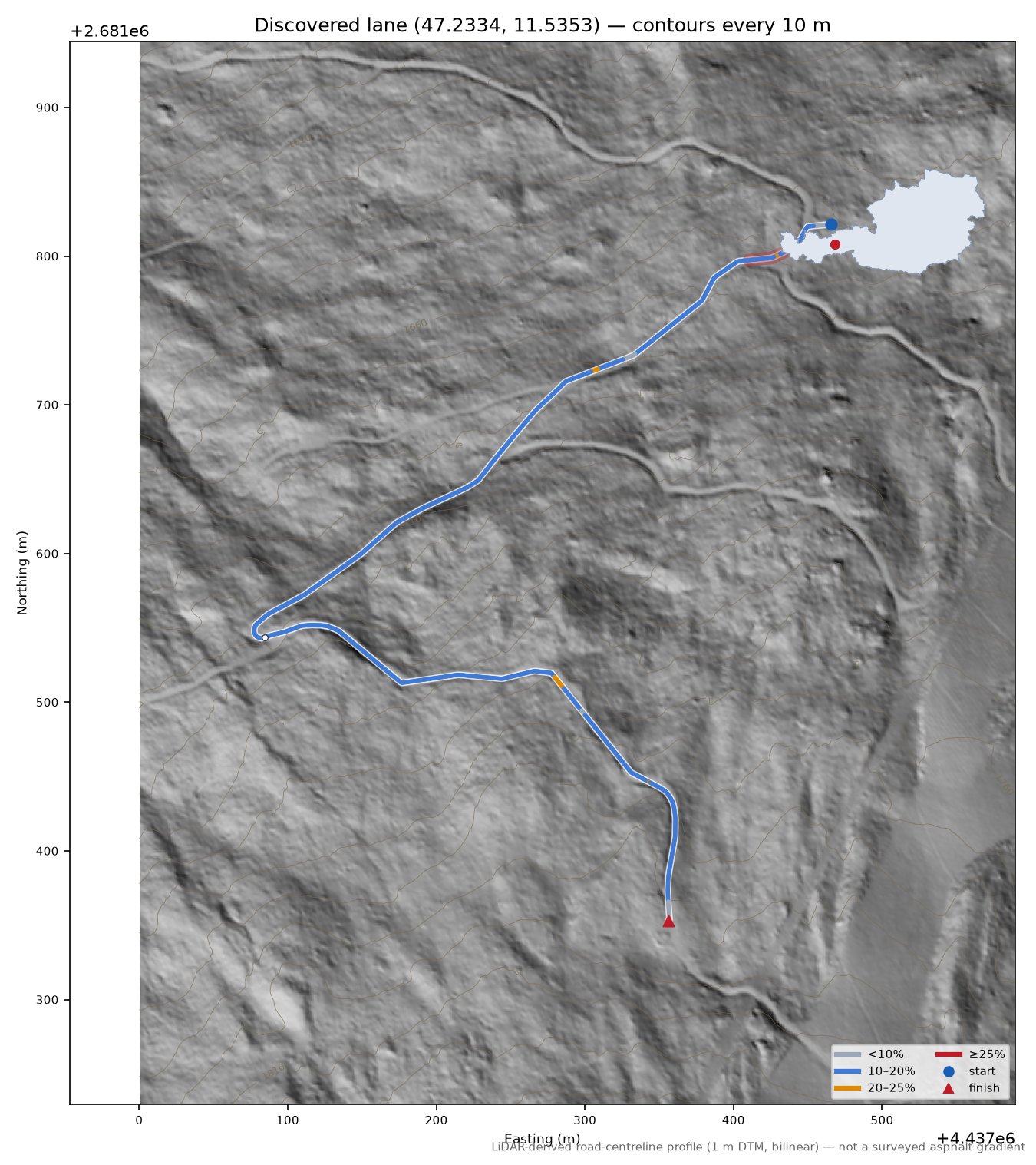 Discovered lane (47.2334, 11.5353) LiDAR hillshade map with contours