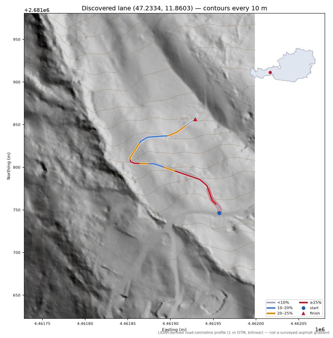 Discovered lane (47.2334, 11.8603) LiDAR hillshade map with contours