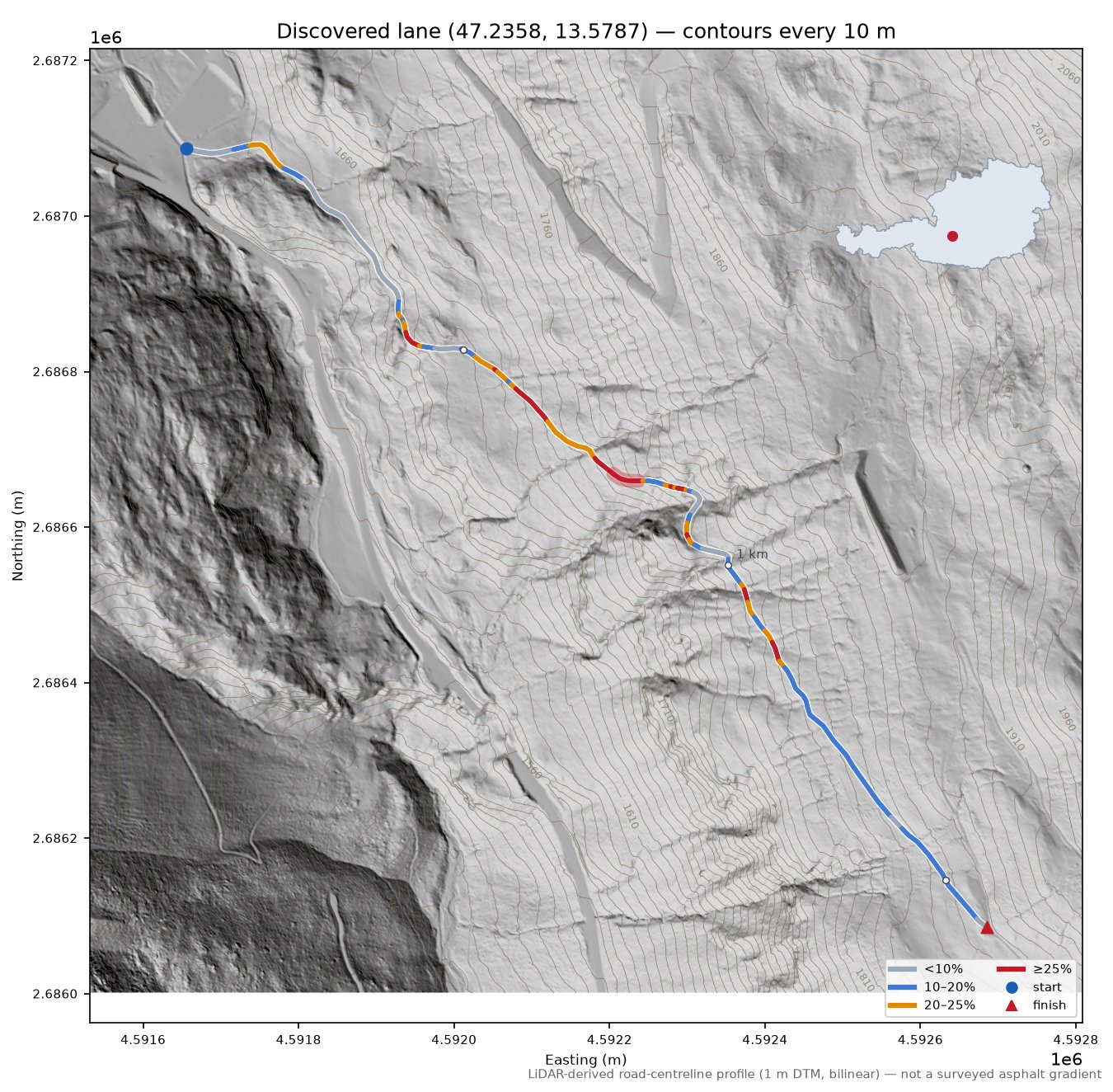 Discovered lane (47.2358, 13.5787) LiDAR hillshade map with contours