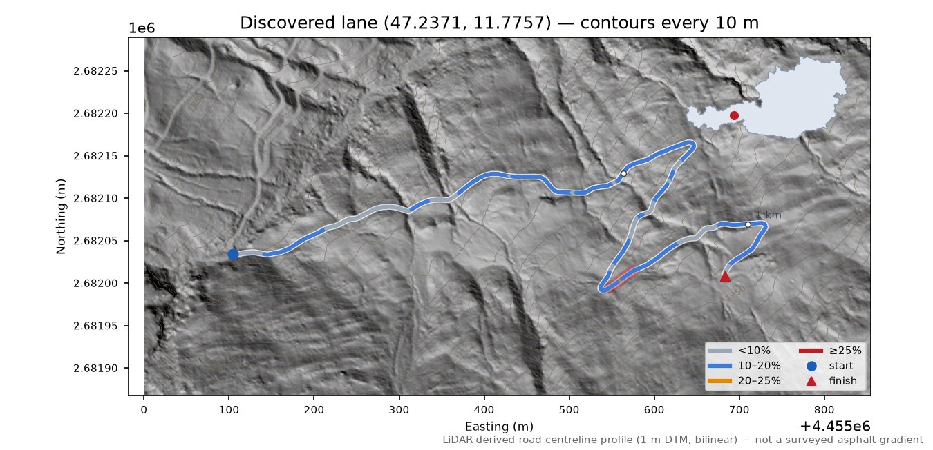Discovered lane (47.2371, 11.7757) LiDAR hillshade map with contours