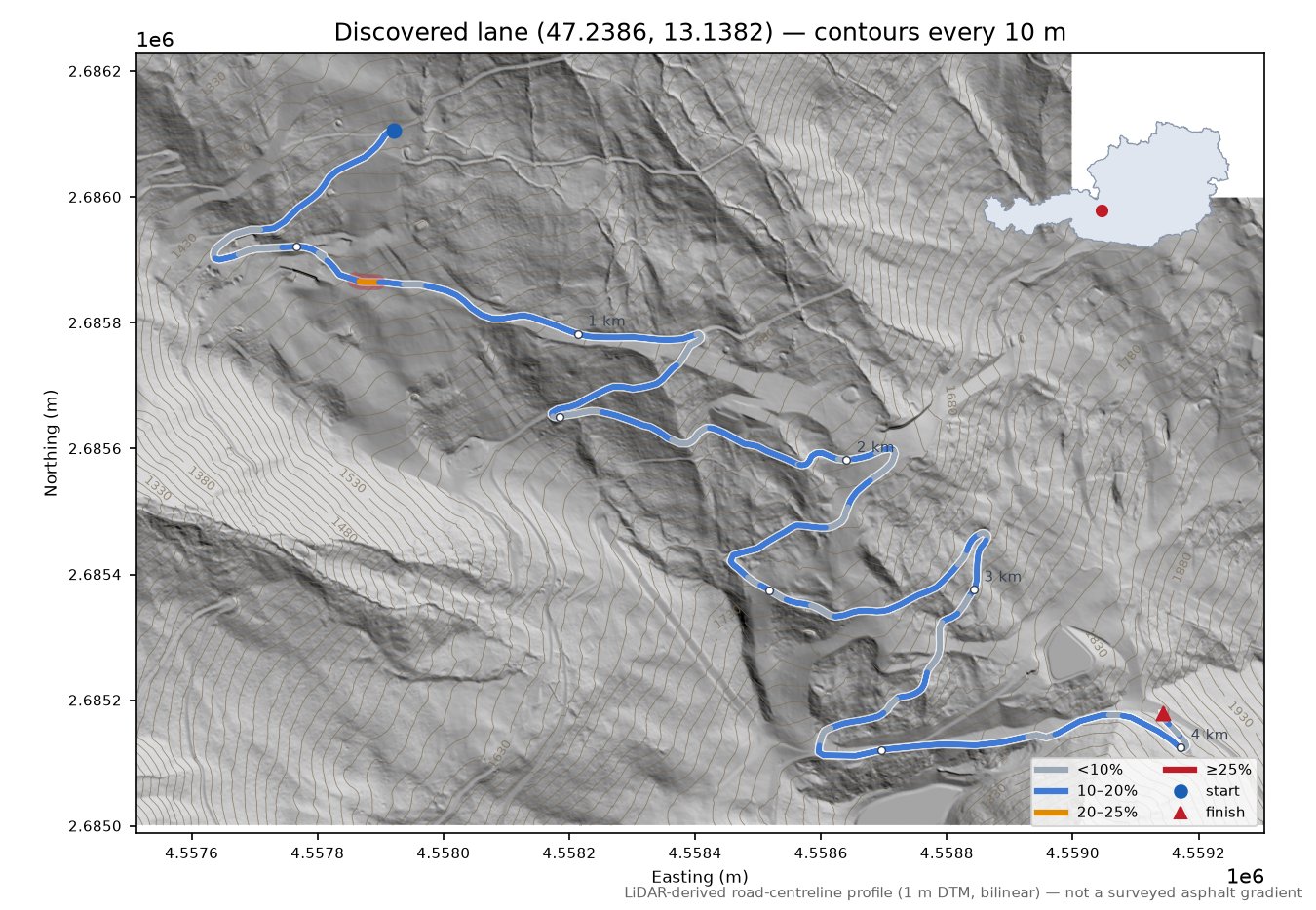 Discovered lane (47.2386, 13.1382) LiDAR hillshade map with contours