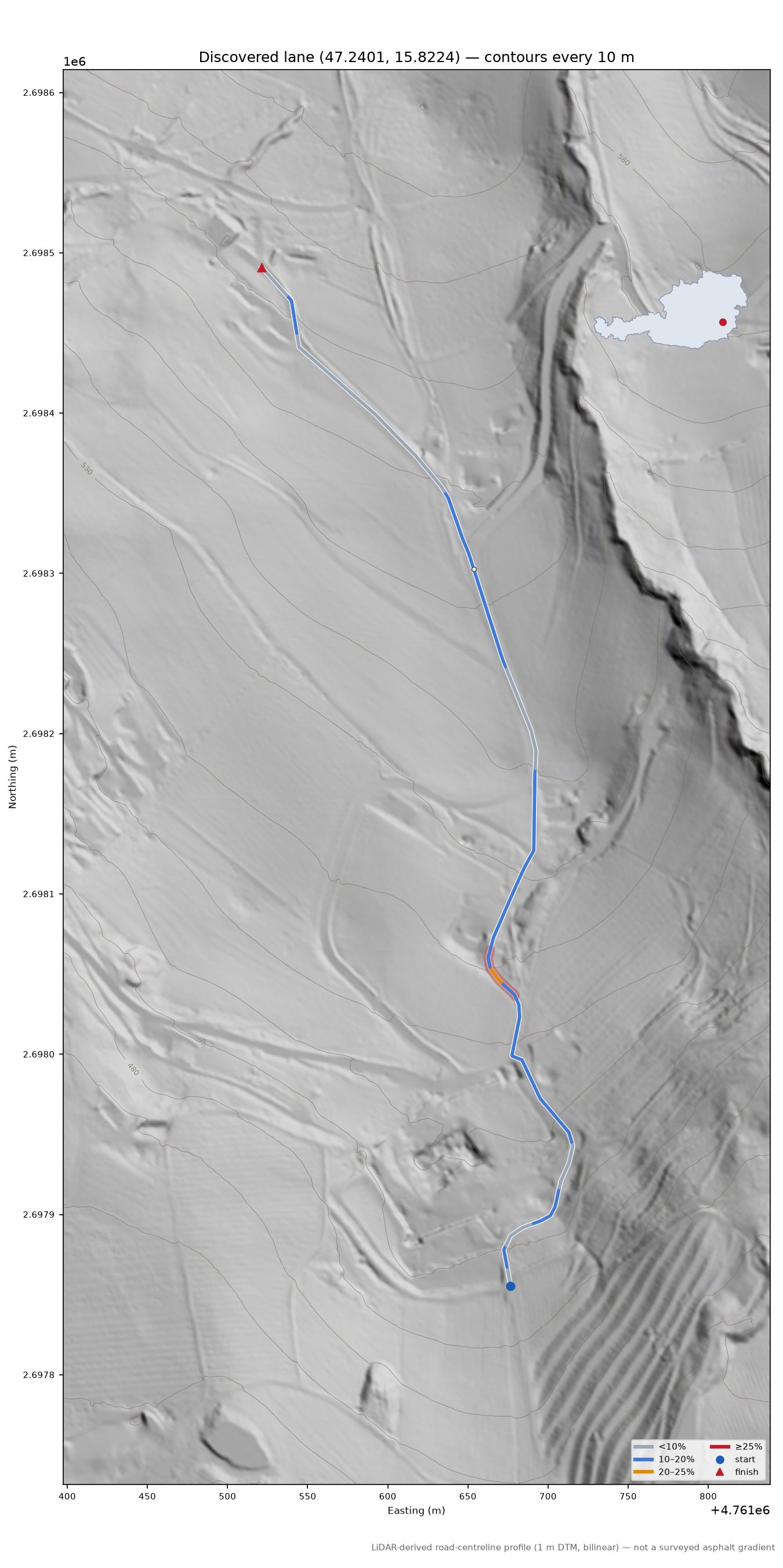 Discovered lane (47.2401, 15.8224) LiDAR hillshade map with contours