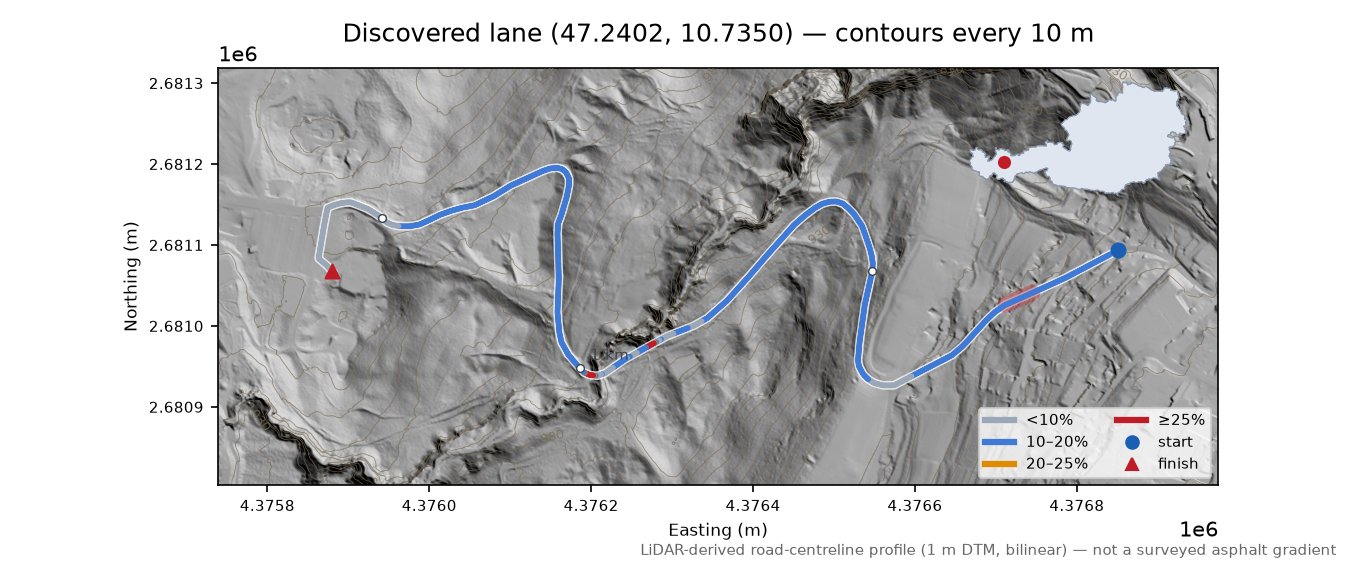 Discovered lane (47.2402, 10.7350) LiDAR hillshade map with contours