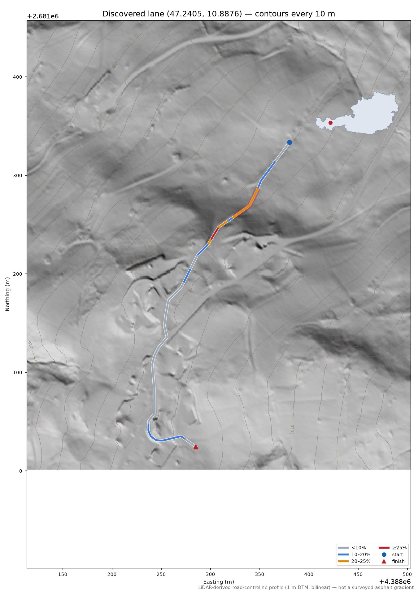 Discovered lane (47.2405, 10.8876) LiDAR hillshade map with contours