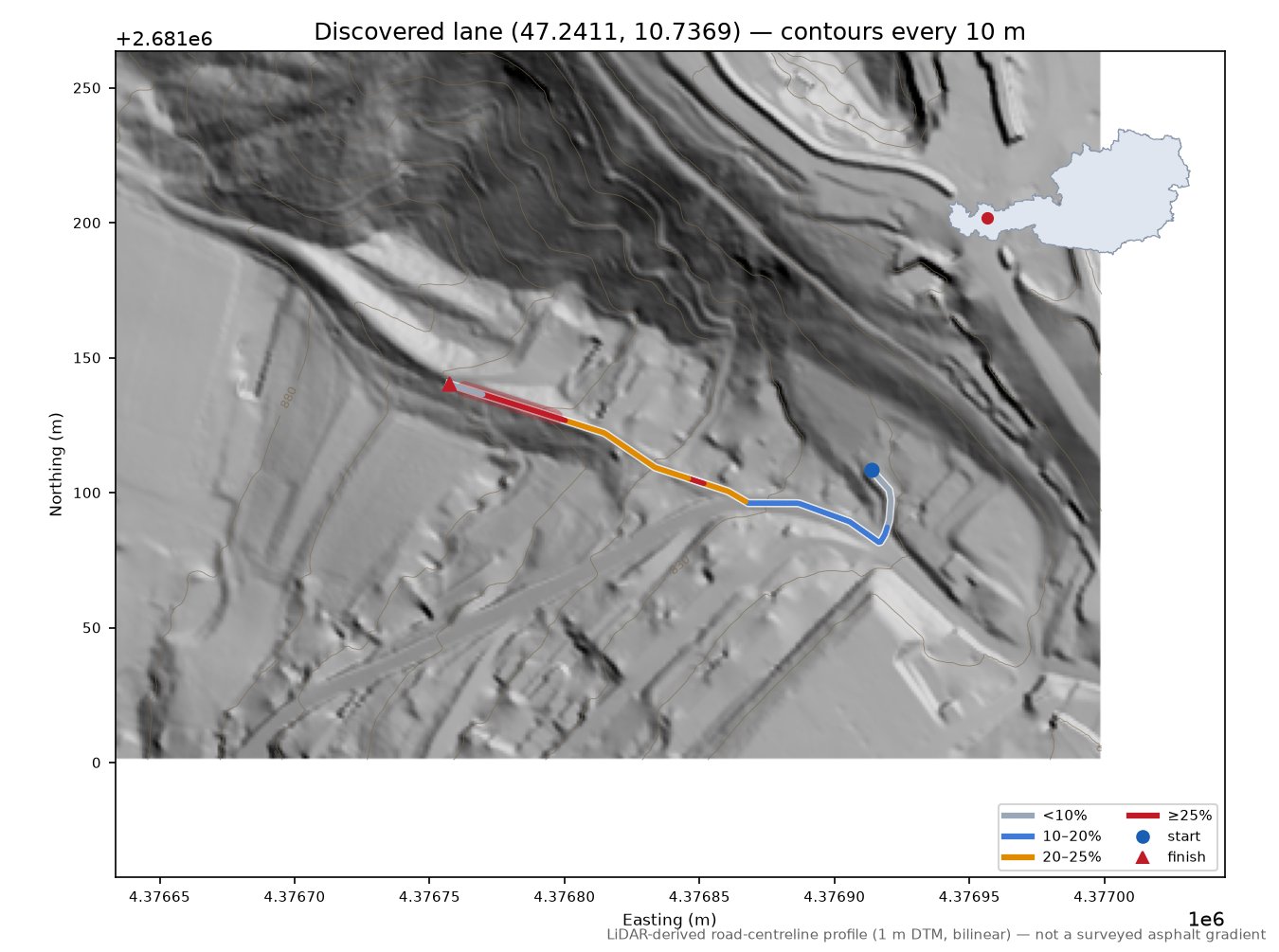 Discovered lane (47.2411, 10.7369) LiDAR hillshade map with contours