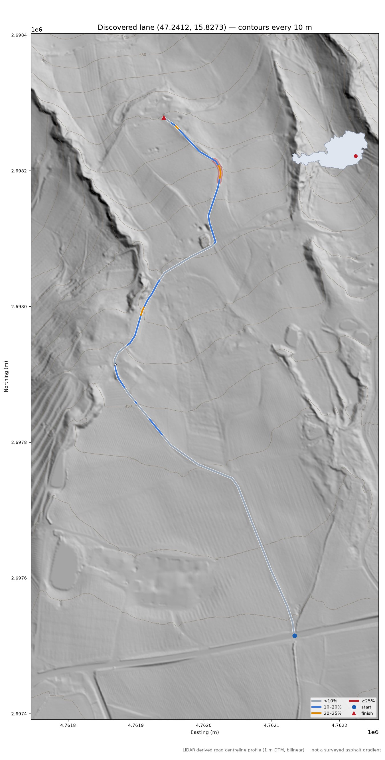 Discovered lane (47.2412, 15.8273) LiDAR hillshade map with contours