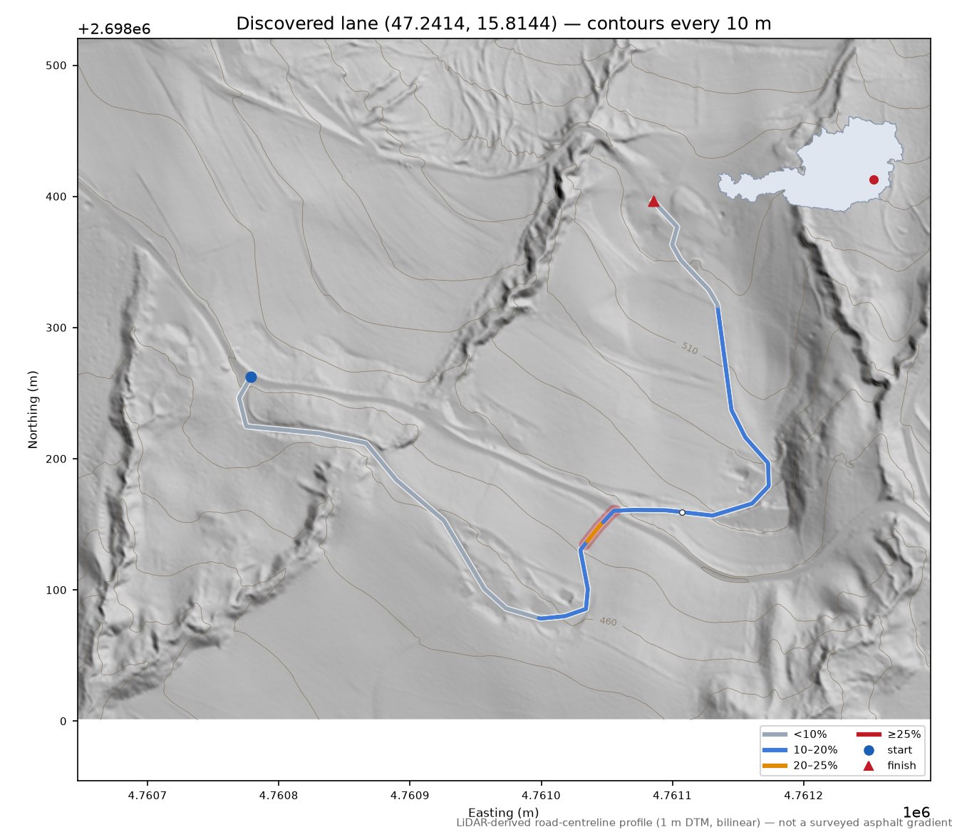 Discovered lane (47.2414, 15.8144) LiDAR hillshade map with contours
