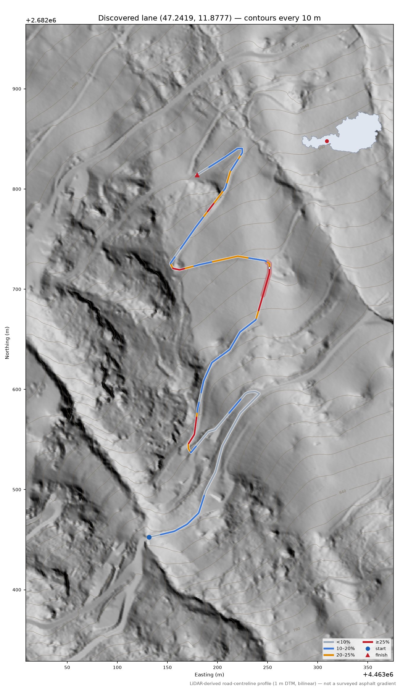 Discovered lane (47.2419, 11.8777) LiDAR hillshade map with contours