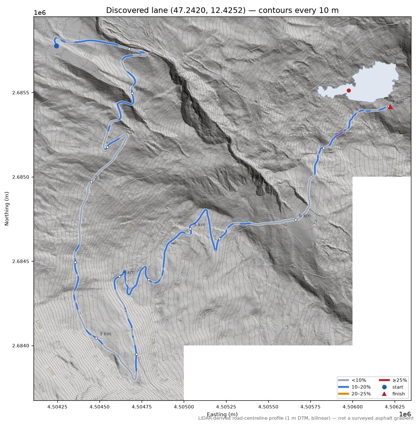 Discovered lane (47.2420, 12.4252) LiDAR hillshade map with contours