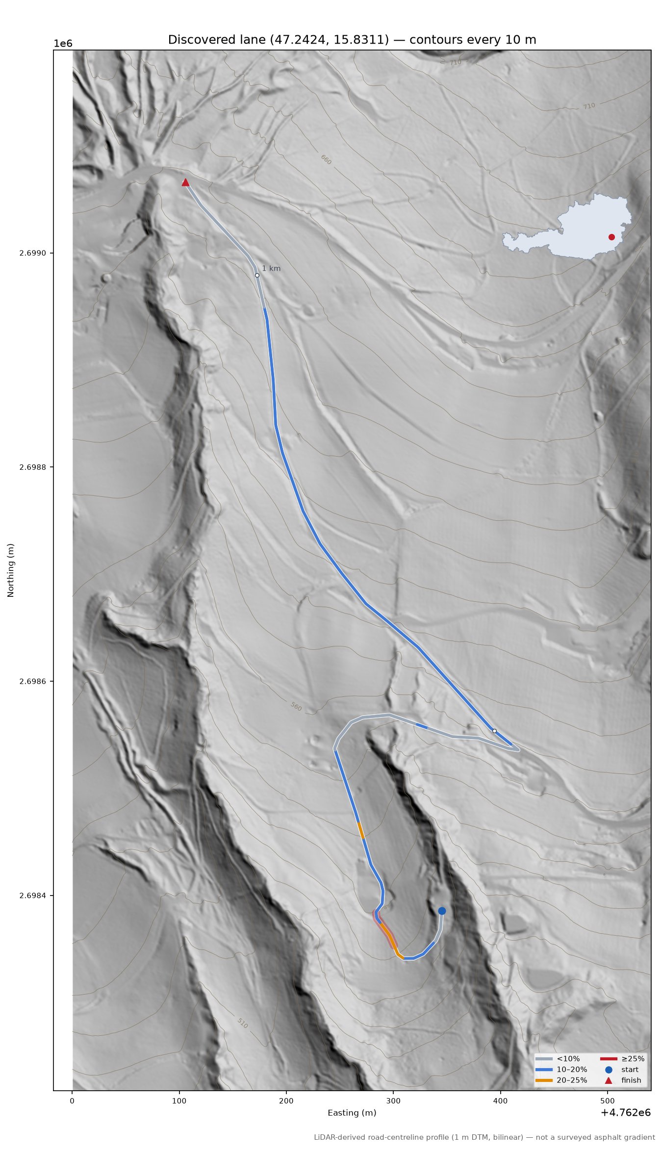 Discovered lane (47.2424, 15.8311) LiDAR hillshade map with contours