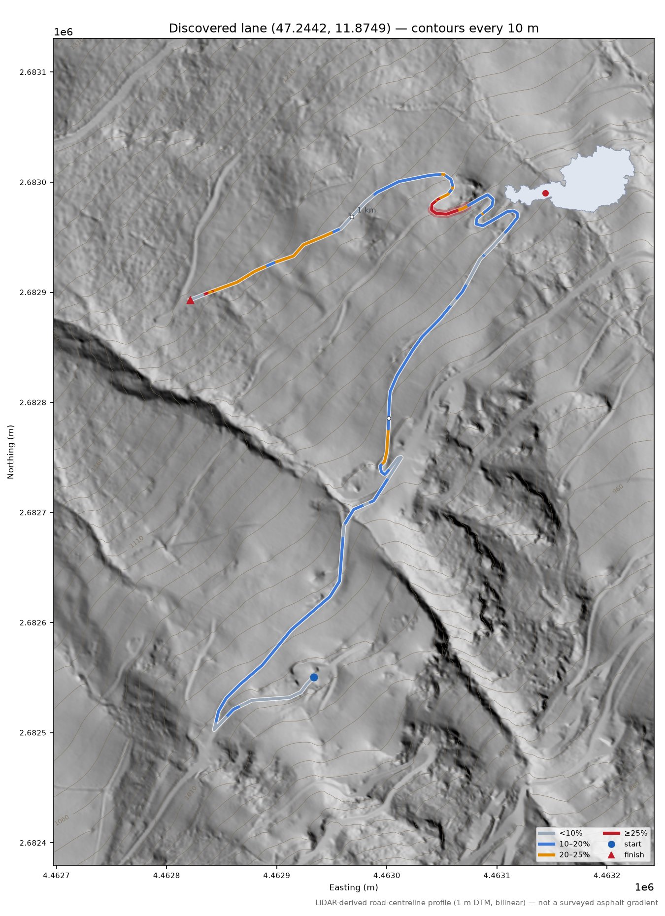 Discovered lane (47.2442, 11.8749) LiDAR hillshade map with contours