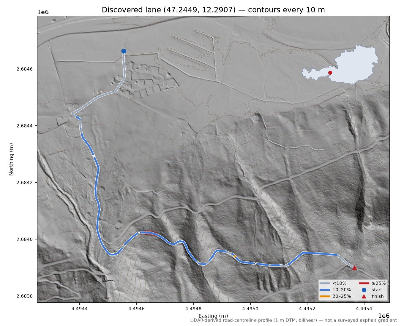 Discovered lane (47.2449, 12.2907) LiDAR hillshade map with contours