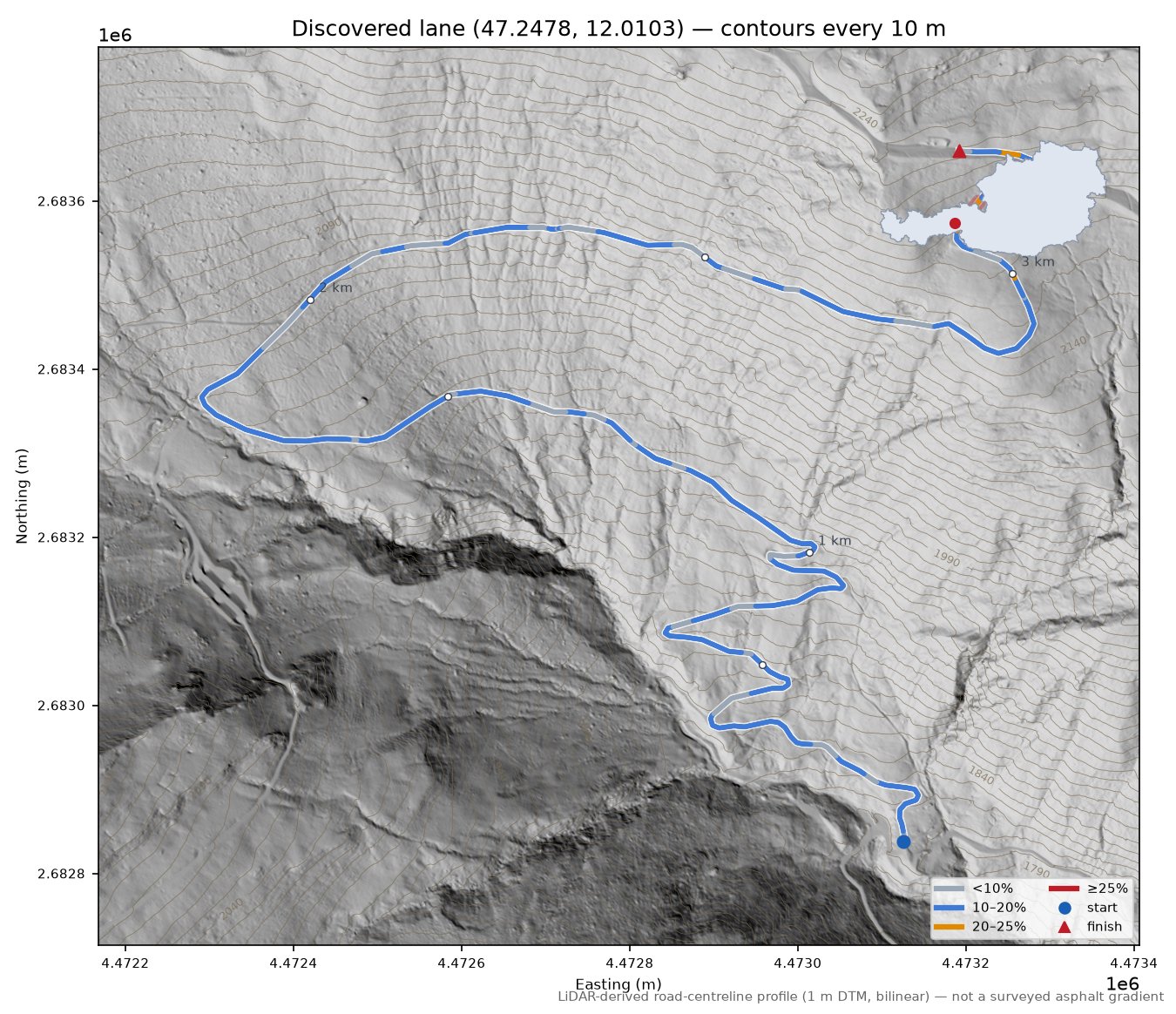 Discovered lane (47.2478, 12.0103) LiDAR hillshade map with contours