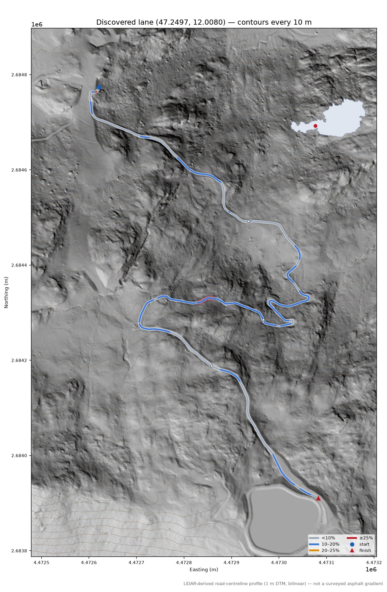 Discovered lane (47.2497, 12.0080) LiDAR hillshade map with contours