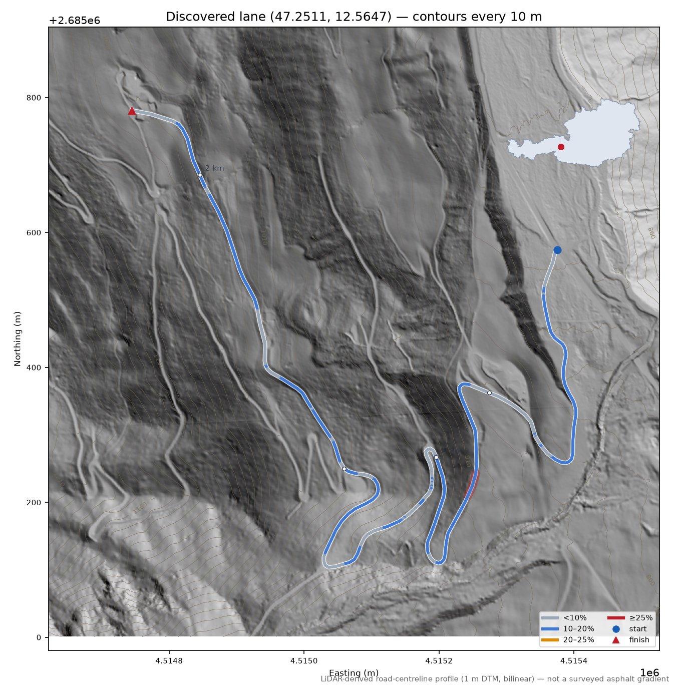 Discovered lane (47.2511, 12.5647) LiDAR hillshade map with contours