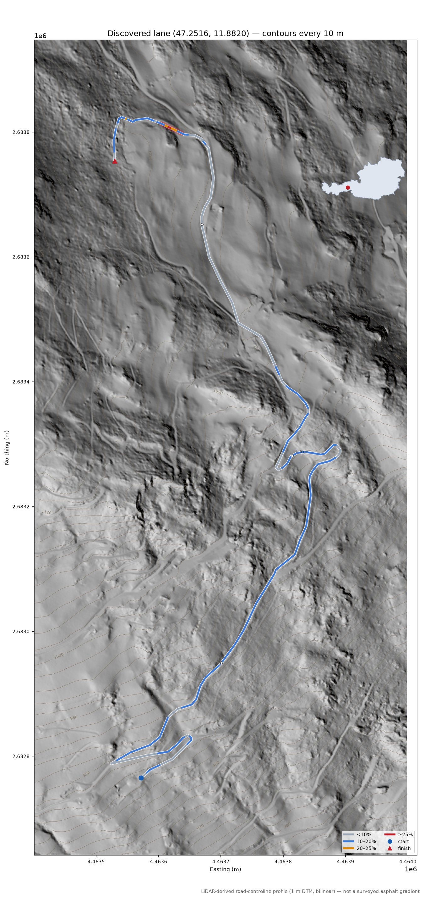 Discovered lane (47.2516, 11.8820) LiDAR hillshade map with contours