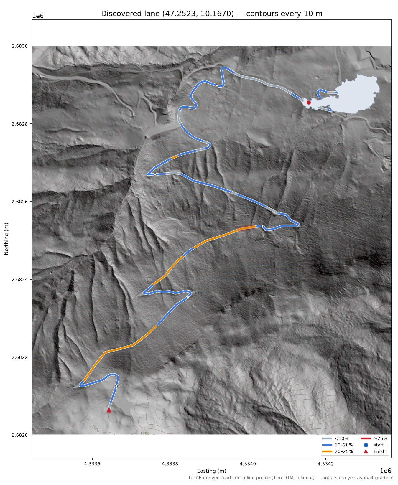 Discovered lane (47.2523, 10.1670) LiDAR hillshade map with contours