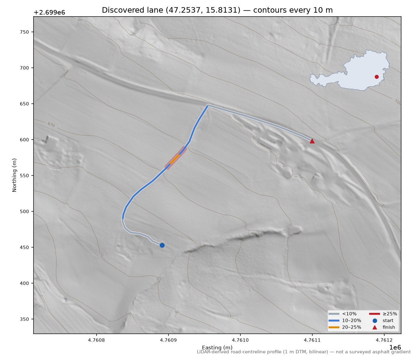 Discovered lane (47.2537, 15.8131) LiDAR hillshade map with contours