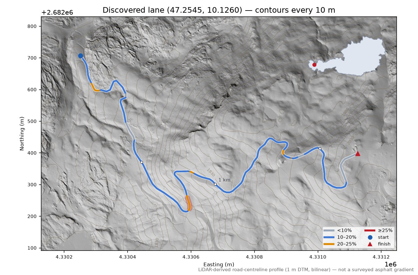 Discovered lane (47.2545, 10.1260) LiDAR hillshade map with contours