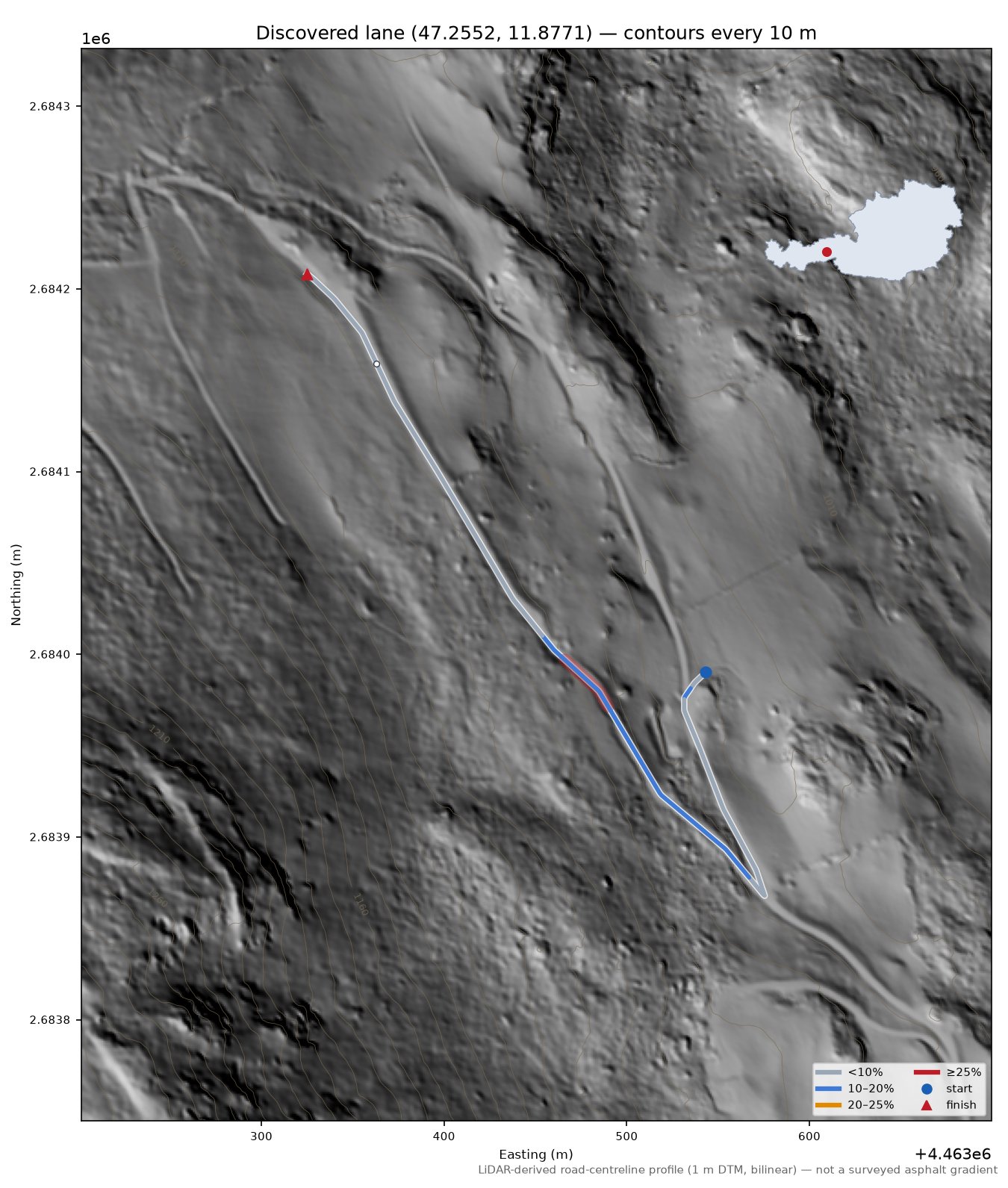 Discovered lane (47.2552, 11.8771) LiDAR hillshade map with contours