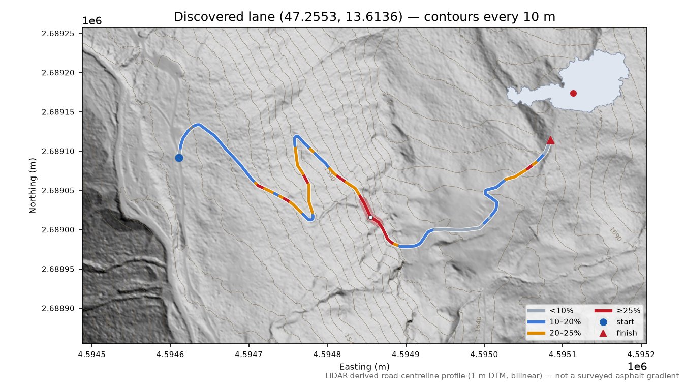 Discovered lane (47.2553, 13.6136) LiDAR hillshade map with contours