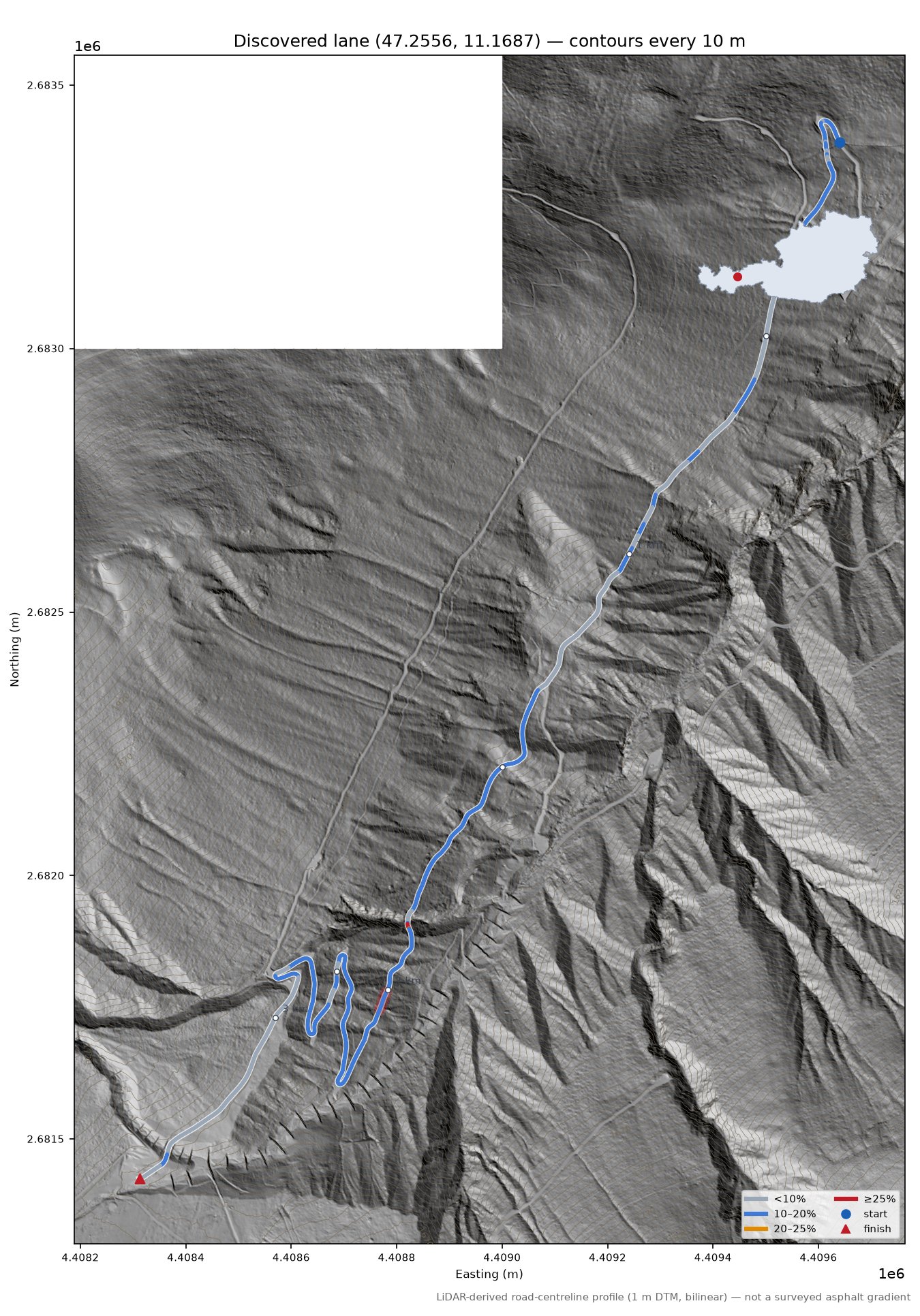 Discovered lane (47.2556, 11.1687) LiDAR hillshade map with contours