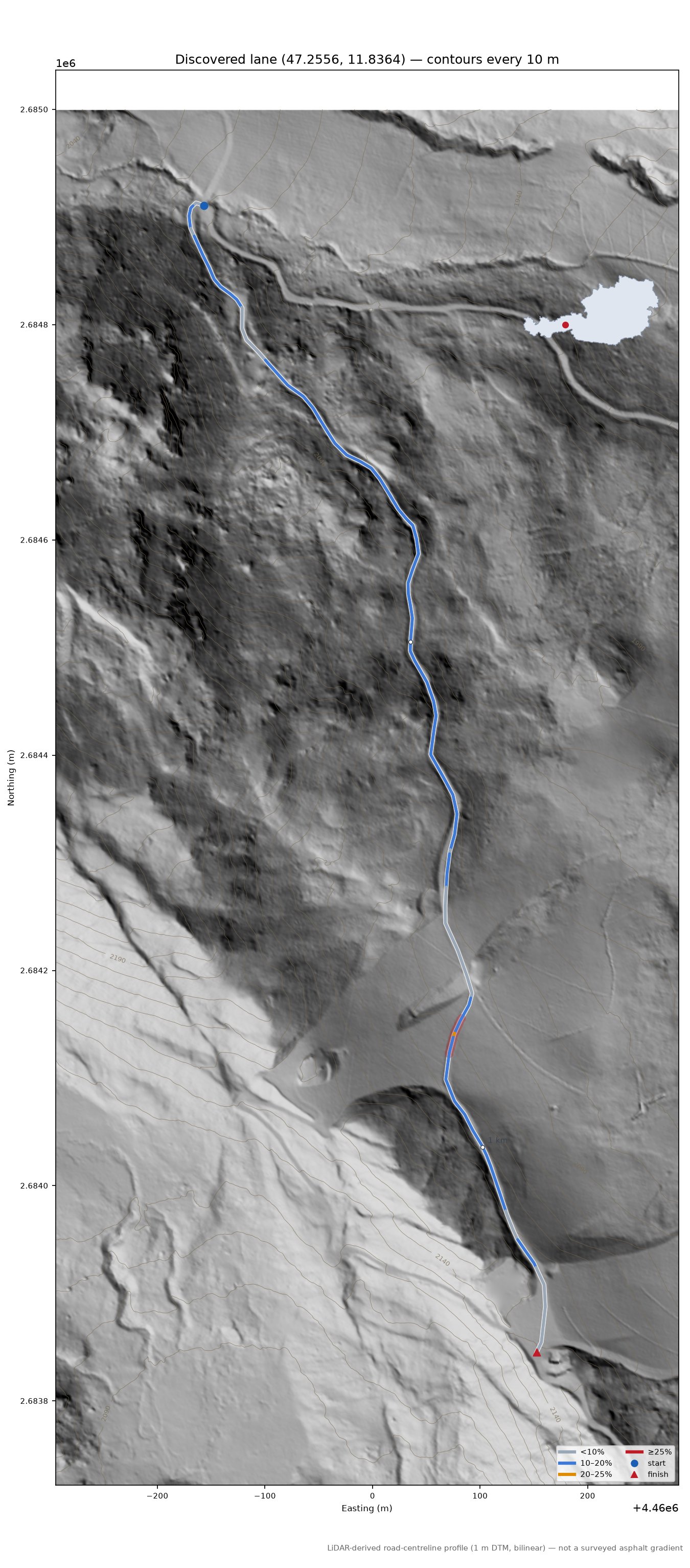 Discovered lane (47.2556, 11.8364) LiDAR hillshade map with contours