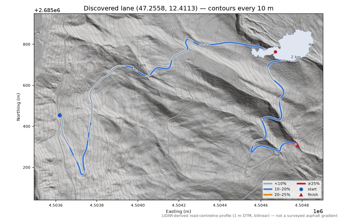Discovered lane (47.2558, 12.4113) LiDAR hillshade map with contours