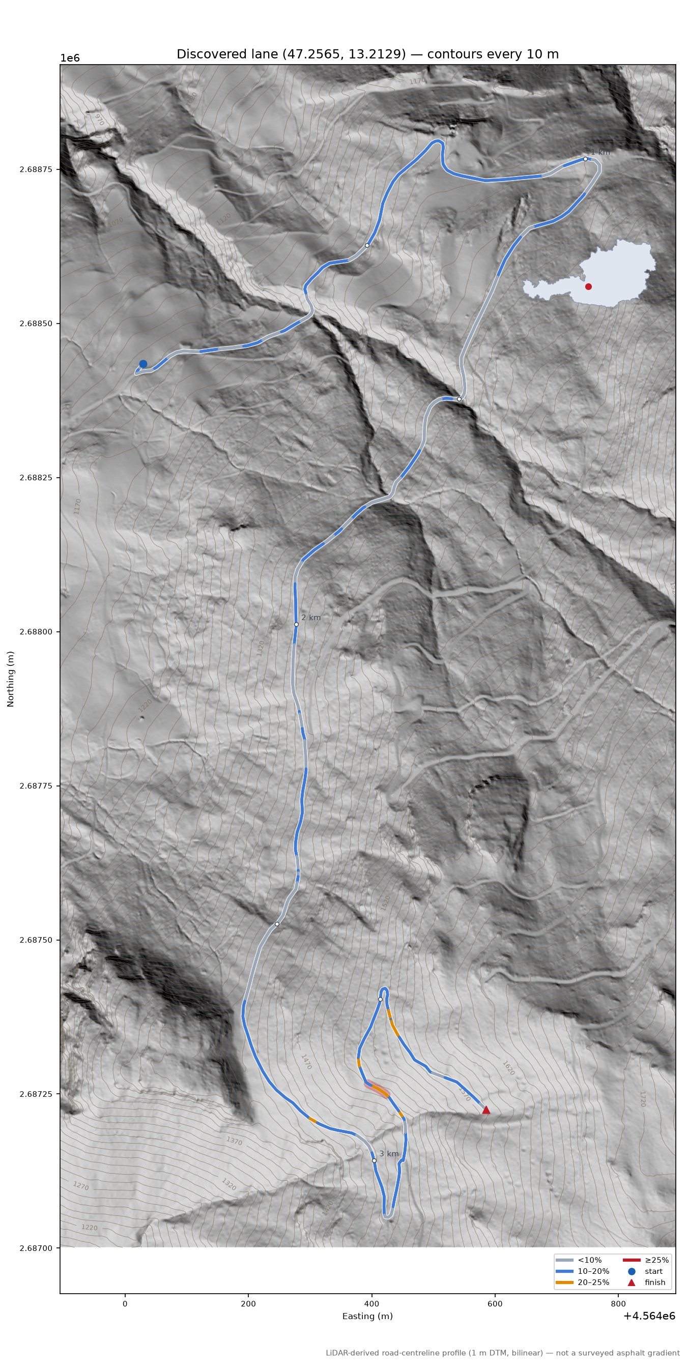 Discovered lane (47.2565, 13.2129) LiDAR hillshade map with contours