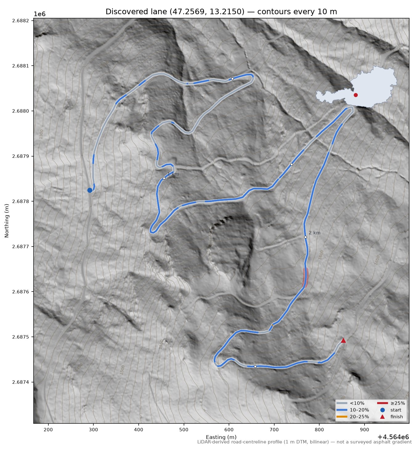 Discovered lane (47.2569, 13.2150) LiDAR hillshade map with contours