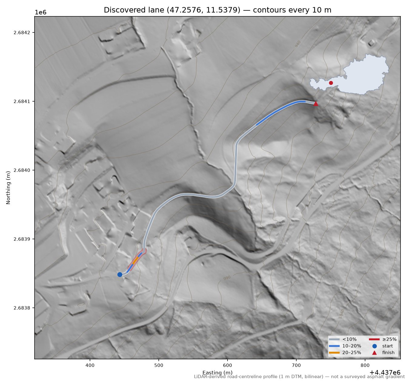 Discovered lane (47.2576, 11.5379) LiDAR hillshade map with contours